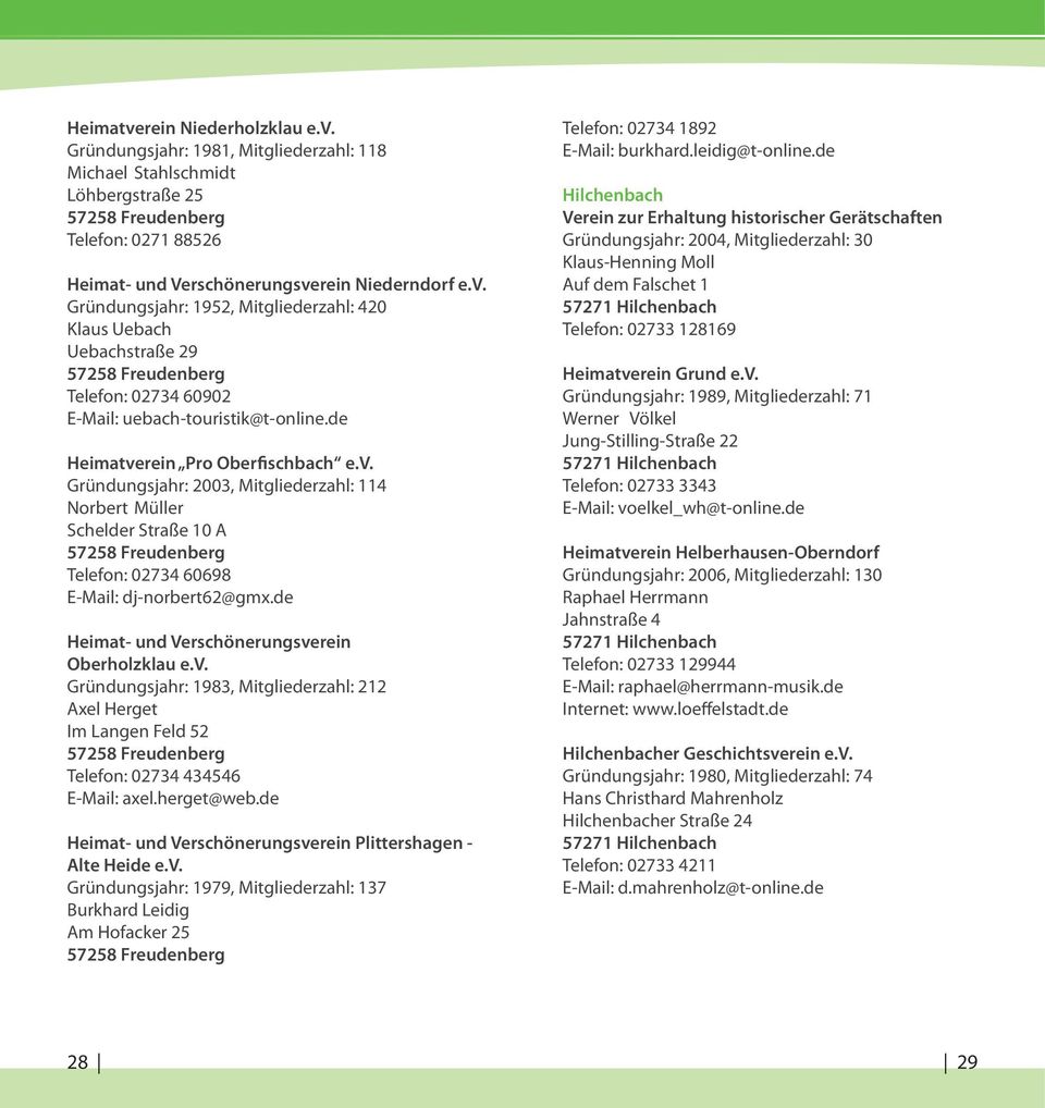 de Heimat- und Verschönerungsverein Oberholzklau e.v. Gründungsjahr: 1983, Mitgliederzahl: 212 Axel Herget Im Langen Feld 52 Telefon: 02734 434546 E-Mail: axel.herget@web.