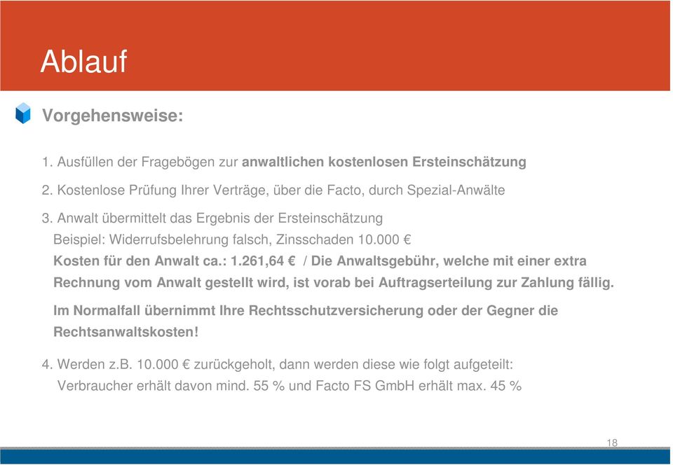 Anwalt übermittelt das Ergebnis der Ersteinschätzung Beispiel: Widerrufsbelehrung falsch, Zinsschaden 10.000 Kosten für den Anwalt ca.: 1.