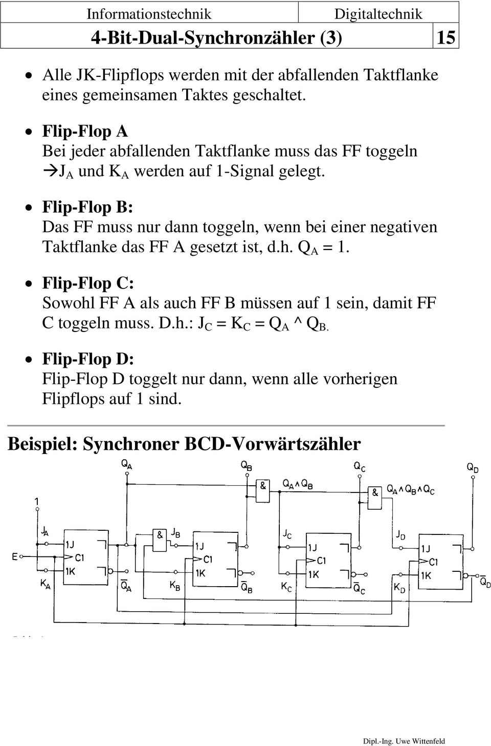 Flip-Flop B: Das FF muss nur dann toggeln, wenn bei einer negativen Taktflanke das FF A gesetzt ist, d.h. Q A = 1.