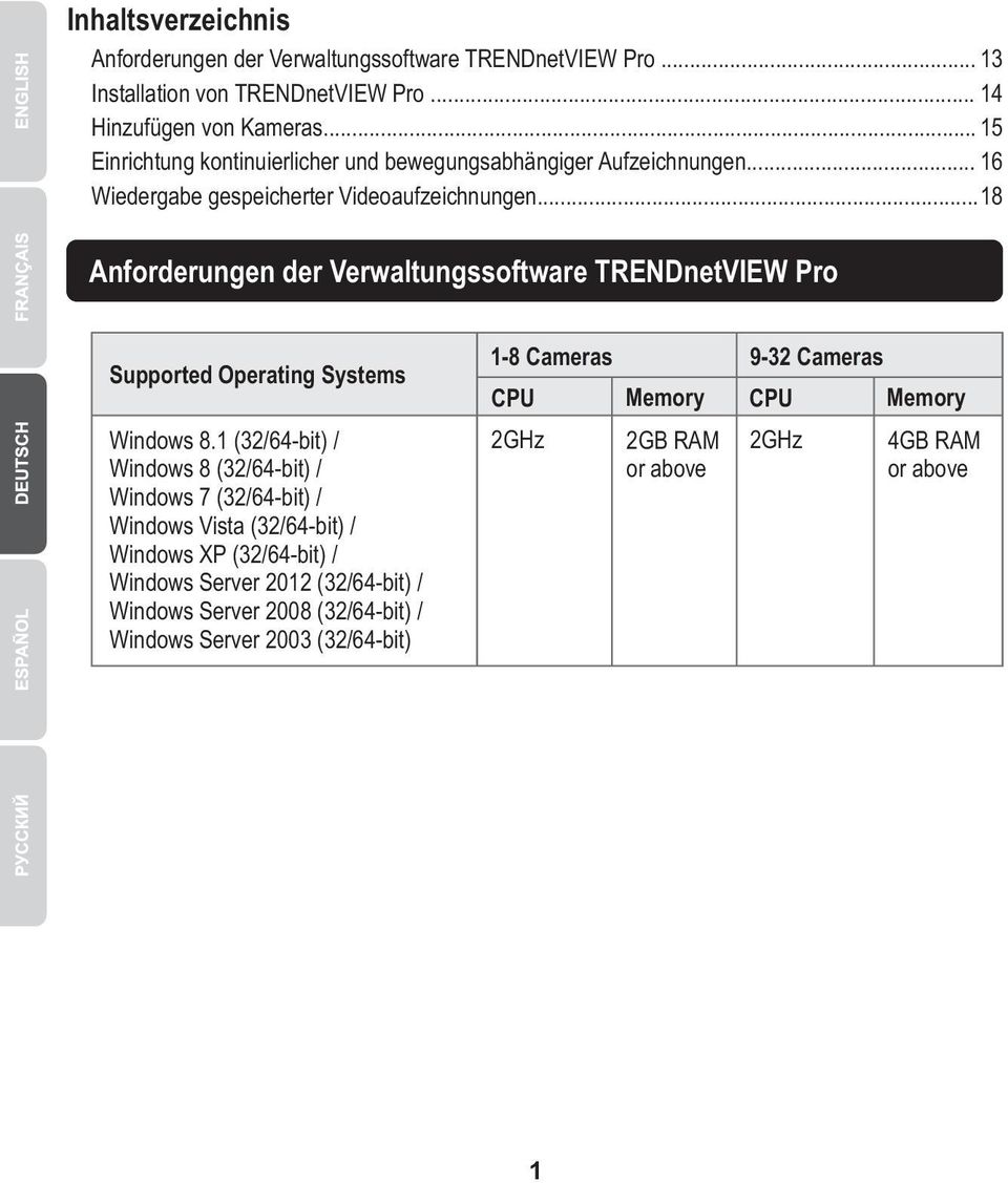 .. 18 Anforderungen der Verwaltungssoftware TRENDnetVIEW Pro Supported Operating Systems Windows 8.