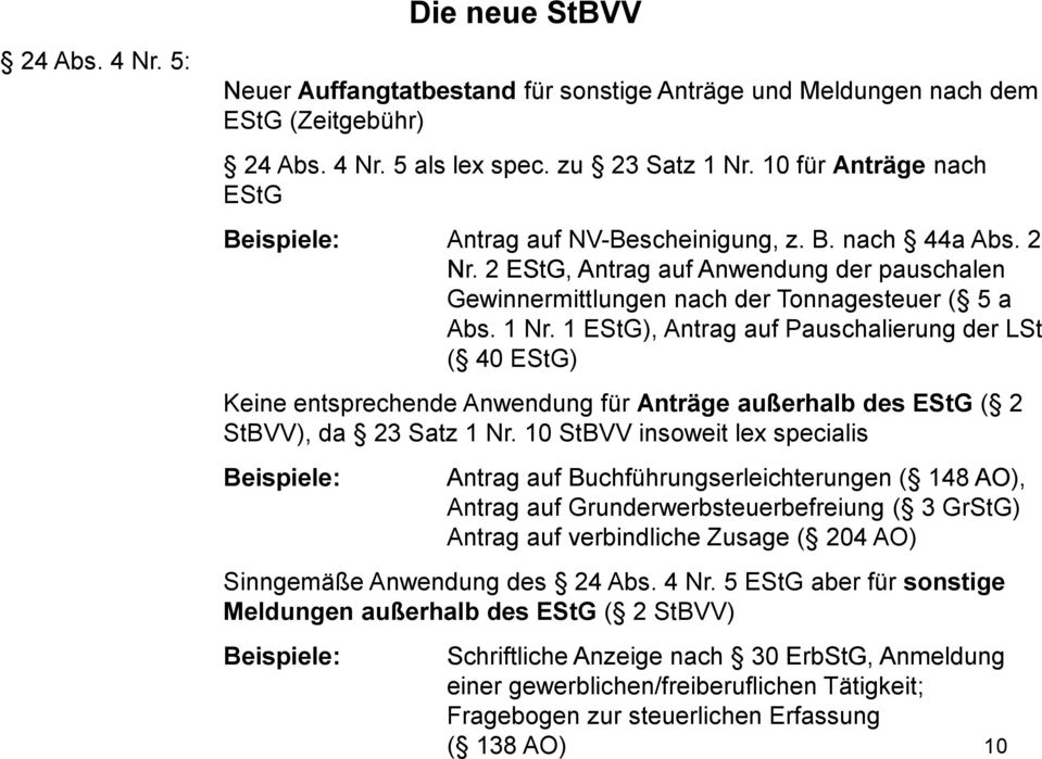 1 EStG), Antrag auf Pauschalierung der LSt ( 40 EStG) Keine entsprechende Anwendung für Anträge außerhalb des EStG ( 2 StBVV), da 23 Satz 1 Nr.