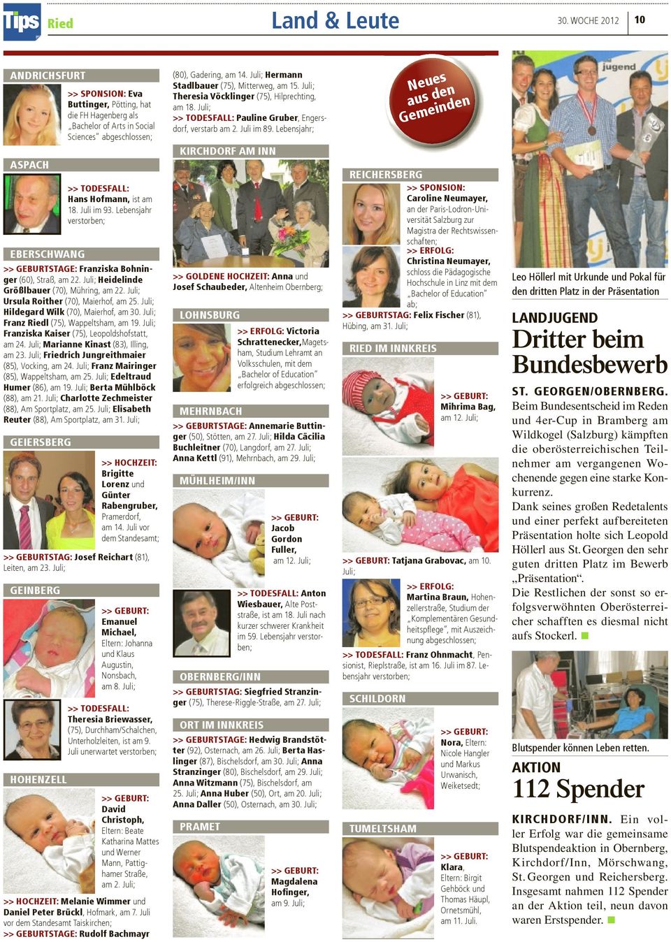 Lebensjahr verstorben; EBERSCHWANG >> GEBURTSTAGE: Franziska Bohninger (60), Straß, am 22. Juli; Heidelinde Größlbauer (70), Mühring, am 22. Juli; Ursula Roither (70), Maierhof, am 25.