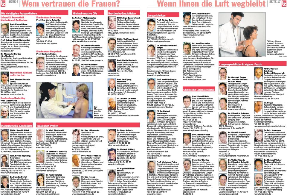 Rainer Kürzl (Maistraße) Spezialgebiet: Krebs-Operationen. Größte Erfahrung bei Vulva-Erkrankungen, Tel. 51 60-0 (Maistraße) Web: www.frauenklinikmaistrasse.de/ Dr.