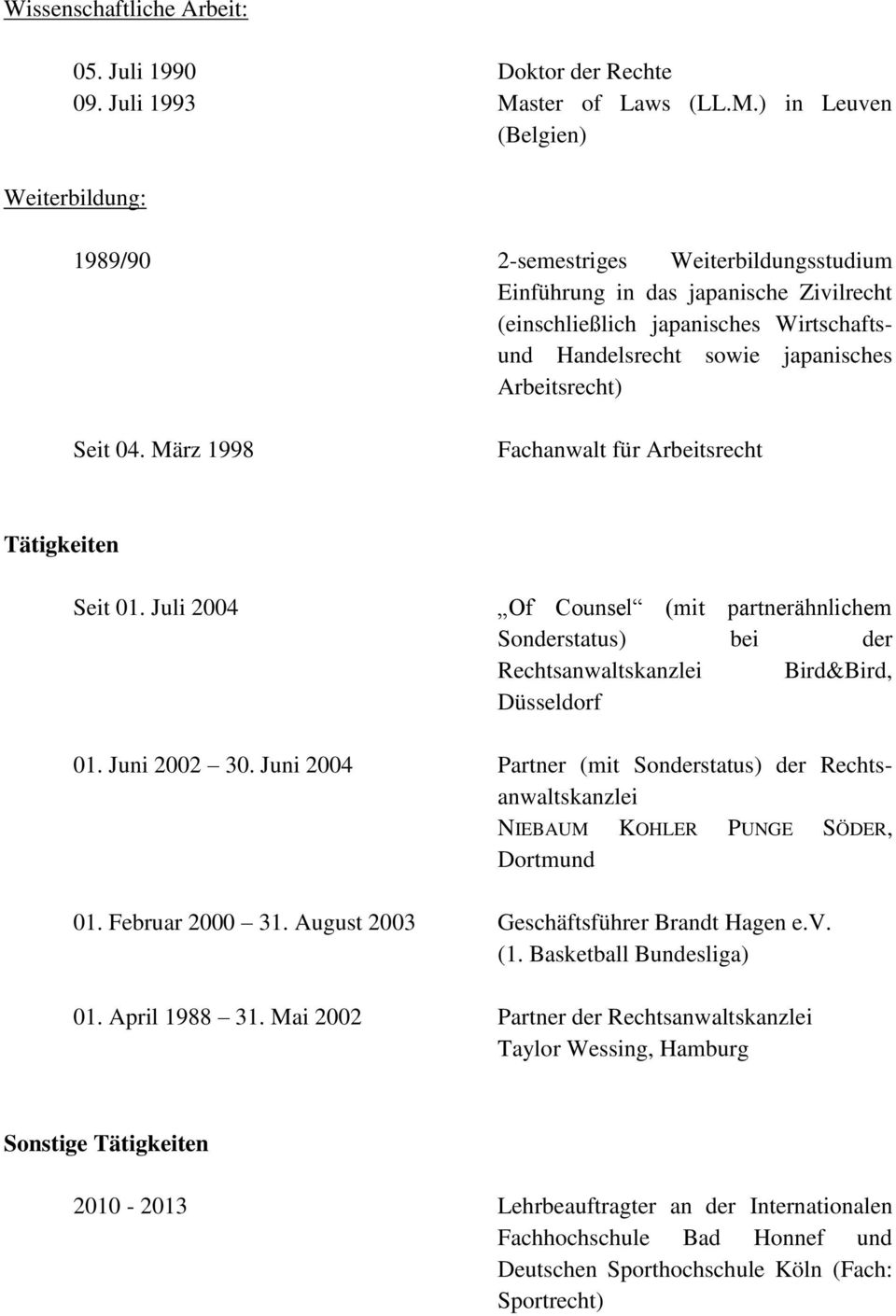 ) in Leuven (Belgien) Weiterbildung: 1989/90 2-semestriges Weiterbildungsstudium Einführung in das japanische Zivilrecht (einschließlich japanisches Wirtschaftsund Handelsrecht sowie japanisches