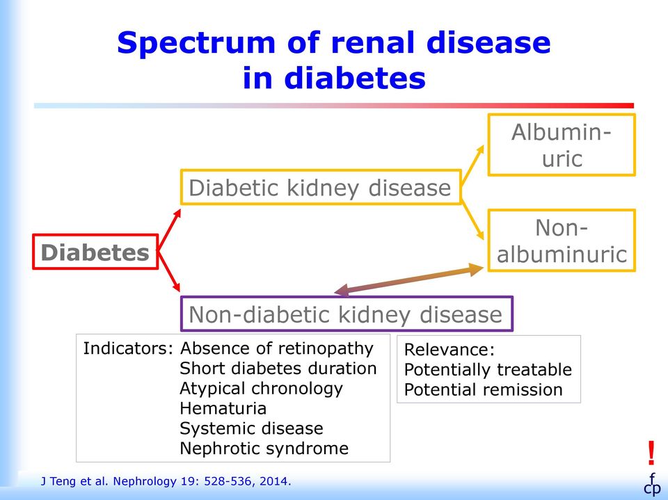 Non-diabetic kidney disease Indicators: Absence o retinopathy Short diabetes duration