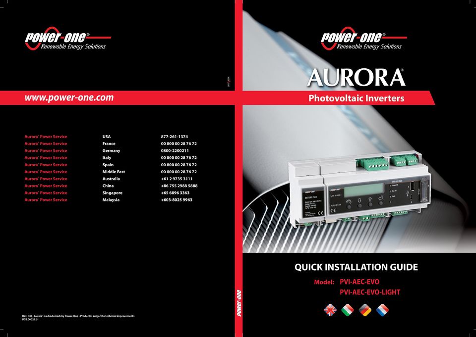 76 72 Aurora Power Service Spain 00 800 00 28 76 72 Aurora Power Service Middle East 00 800 00 28 76 72 Aurora Power Service Australia +61 2 9735 3111 Aurora