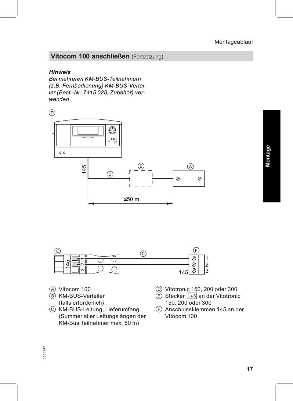 A Vitocom 100 B KM-BUS-Verteiler (falls erforderlich) C KM-BUS-Leitung, Lieferumfang (Summer aller
