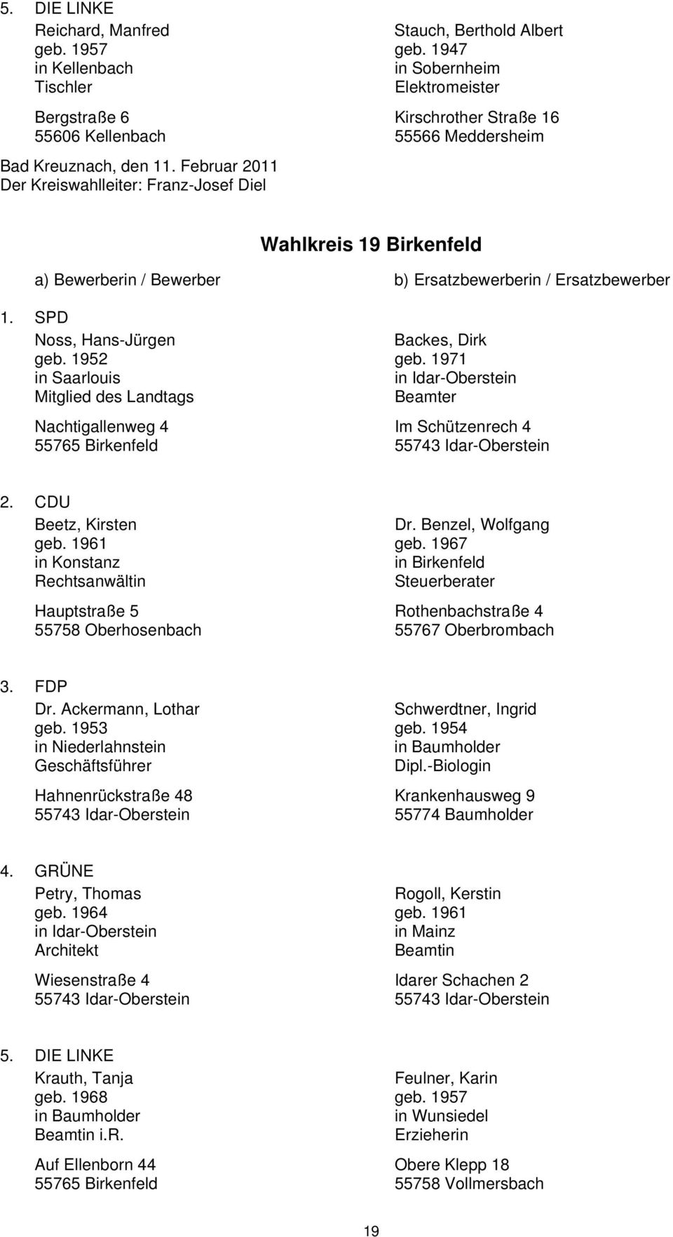 Februar 2011 Der Kreiswahlleiter: Franz-Josef Diel Wahlkreis 19 Birkenfeld Noss, Hans-Jürgen Backes, Dirk geb. 1952 geb.
