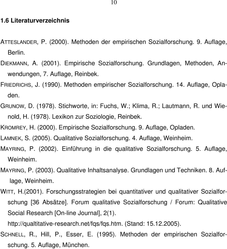 KROMREY, H. (2000). Empirische Sozialforschung. 9. Auflage, Opladen. LAMNEK, S. (2005). Qualitative Sozialforschung. 4. Auflage, Weinheim. MAYRING, P. (2002).