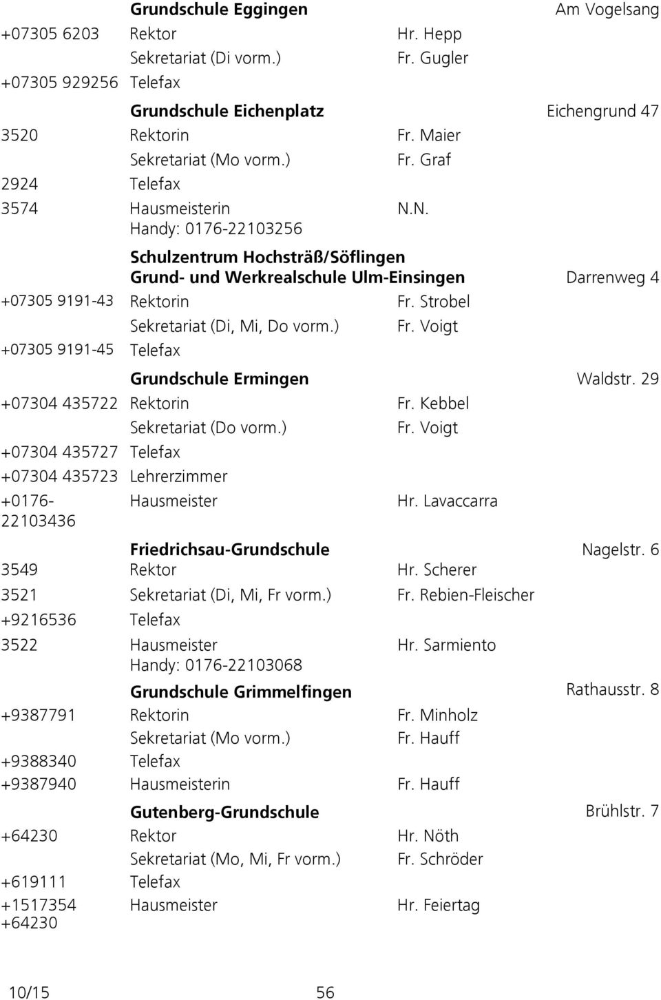 N. Schulzentrum Hochsträß/Söflingen Grund- und Werkrealschule Ulm-Einsingen Darrenweg 4 +07305 9191-43 Rektorin Fr. Strobel +07305 9191-45 Telefax Sekretariat (Di, Mi, Do vorm.) Fr.
