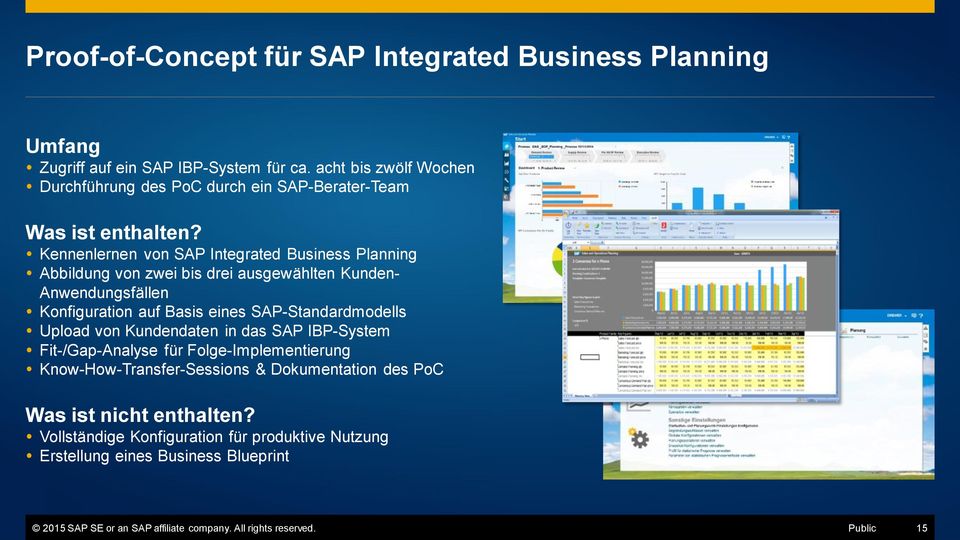 Kennenlernen von SAP Integrated Business Planning Abbildung von zwei bis drei ausgewählten Kunden- Anwendungsfällen Konfiguration auf Basis eines SAP-Standardmodells