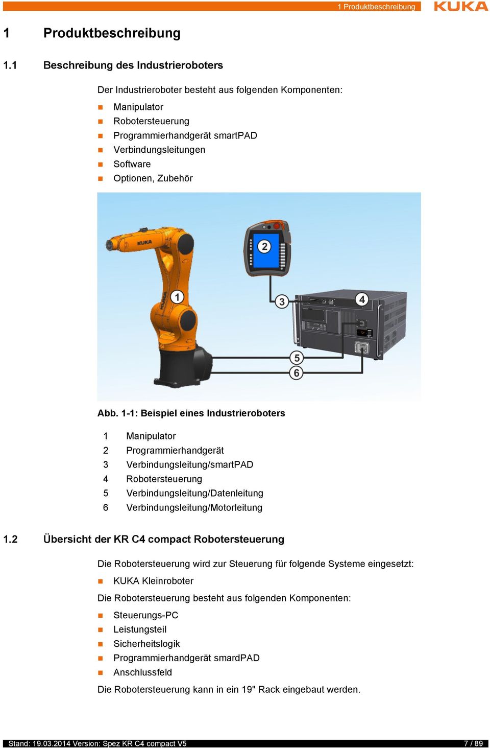 Abb. 1-1: Beispiel eines Industrieroboters 1 Manipulator 2 Programmierhandgerät 3 Verbindungsleitung/smartPAD 4 Robotersteuerung 5 Verbindungsleitung/Datenleitung 6 Verbindungsleitung/Motorleitung 1.