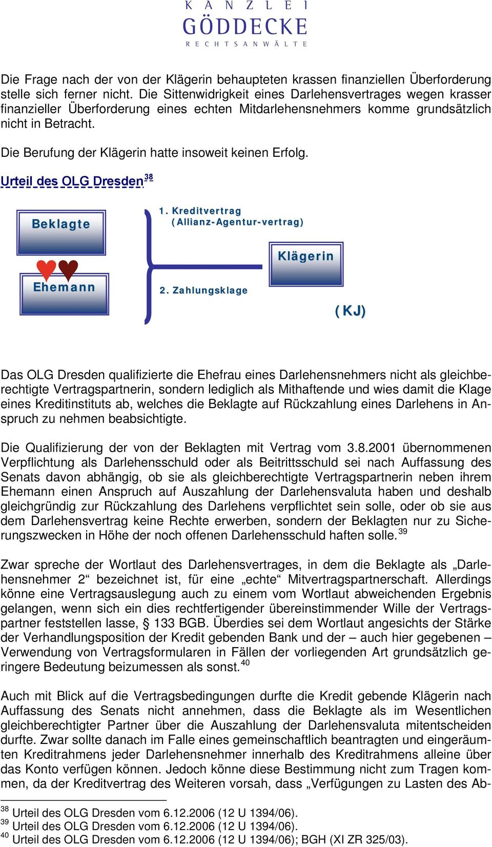 Die Berufung der Klägerin hatte insoweit keinen Erfolg. Urteil des OLG Dresden 38 Beklagte Ehemann 1. Kreditvertrag (Allianz-Agentur-vertrag) 2.