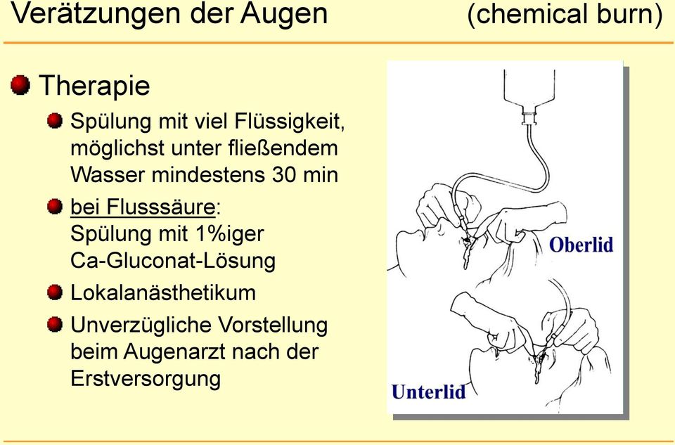 Spülung mit 1%iger Ca-Gluconat-Lösung Lokalanästhetikum Unverzügliche