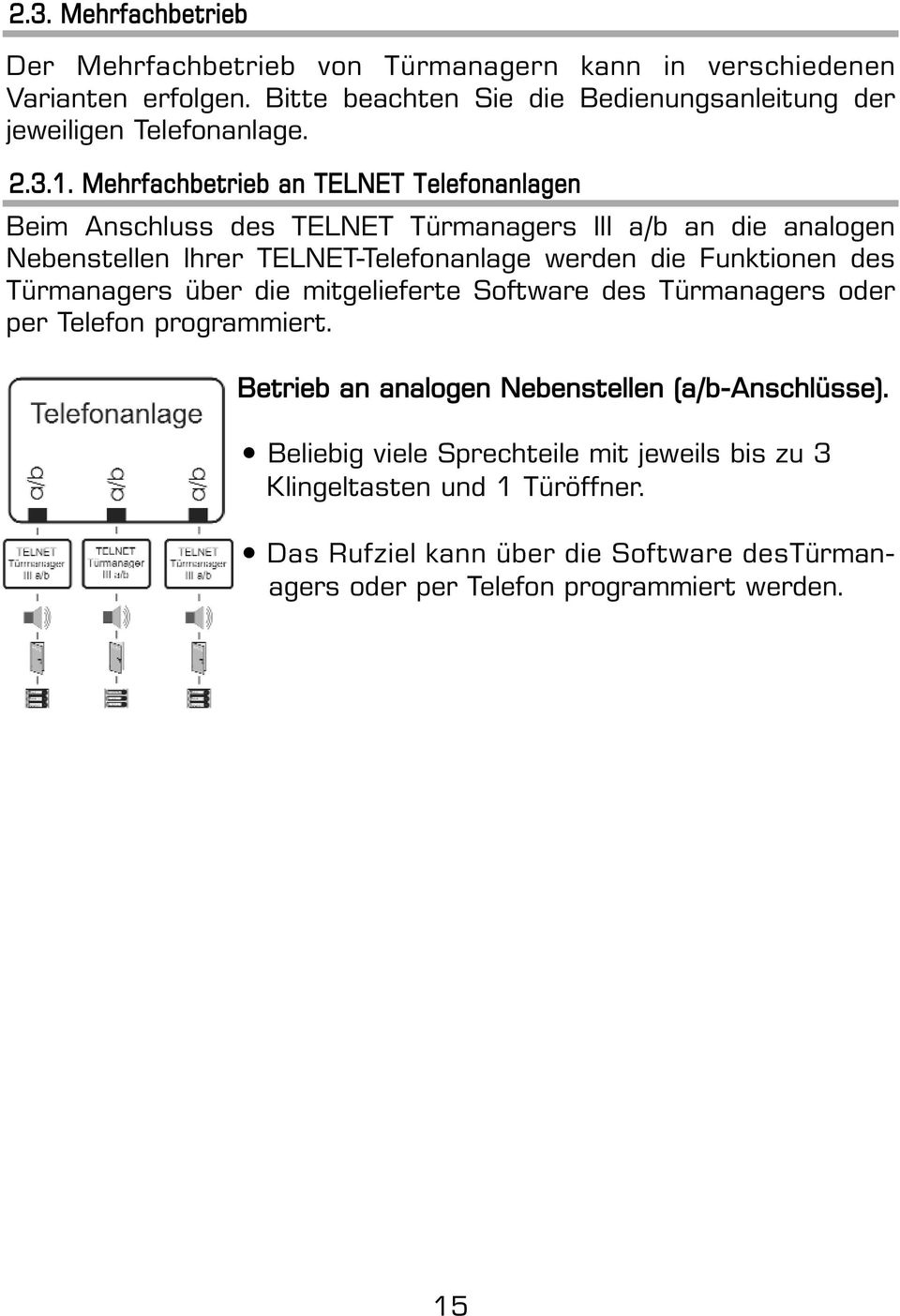 . Mehrfachbetrieb an TELNET Telefonanlagen Beim Anschluss des TELNET Türmanagers III a/b an die analogen Nebenstellen Ihrer TELNET-Telefonanlage werden die