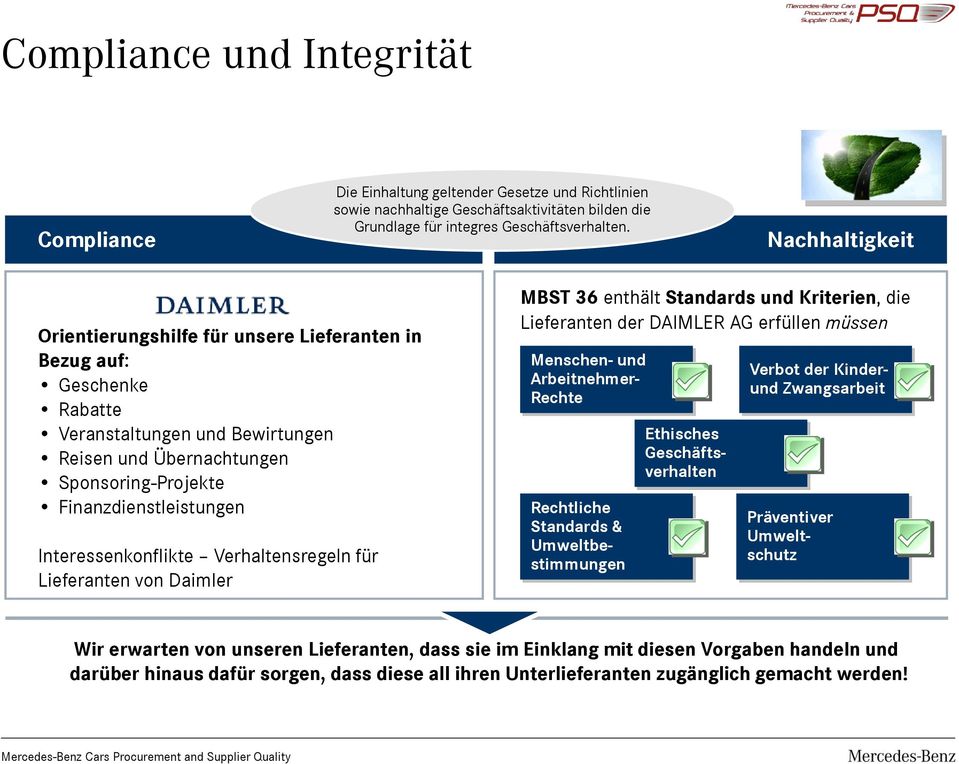 Interessenkonflikte Verhaltensregeln für Lieferanten von Daimler MBST 36 enthält Standards und Kriterien, die Lieferanten der DAIMLER AG erfüllen müssen Menschen- und Arbeitnehmer- Rechte Rechtliche