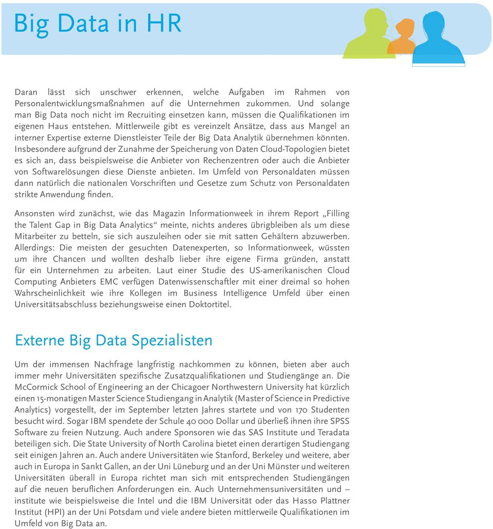 Mittlerweile gibt es vereinzelt Ansätze, dass aus Mangel an interner Expertise externe Dienstleister Teile der Big Data Analytik übernehmen könnten.
