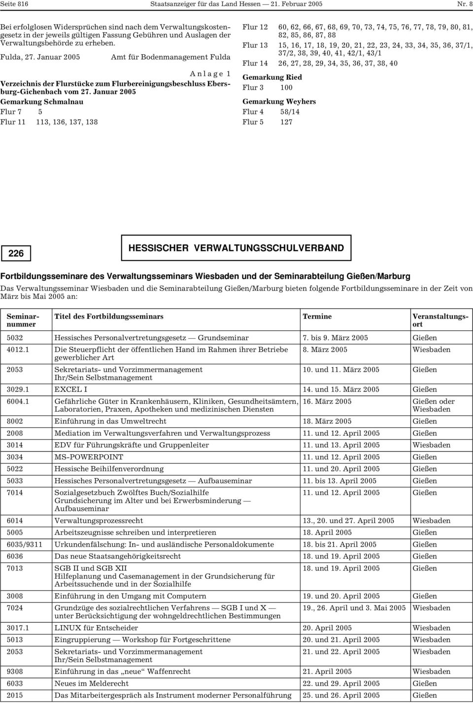 Januar 2005 Amt für Bodenmanagement Fulda Anlage 1 Verzeichnis der Flurstücke zum Flurbereinigungsbeschluss Ebersburg-Gichenbach vom 27.