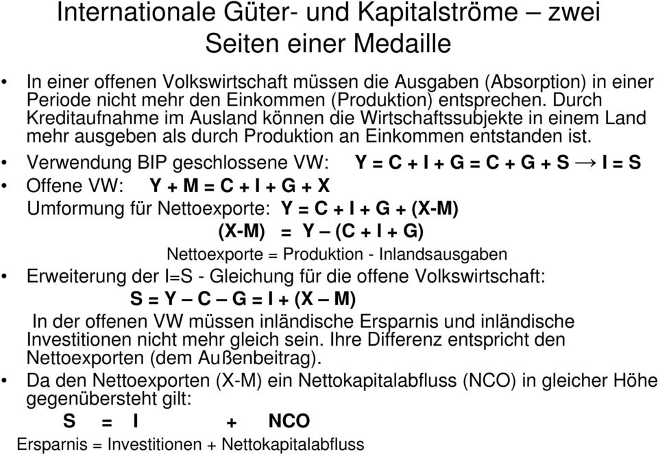 = S Offene VW: Y + M = C + I + G + X Umformung für Nettoexporte: Y = C + I + G + (X-M) (X-M) = Y (C + I + G) Nettoexporte = Produktion - Inlandsausgaben Erweiterung der I=S - Gleichung für die offene
