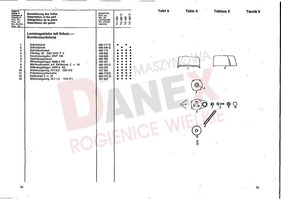 4 Rfzring 45 DIN 5419 F 2 5 Gewindestopfen GNP 700 6 Getriebegehäuse 7 Rillen kugellager 6206-2 RS 8 Wellenstummel mit Kettenrad Z = 9 Rillen kugellager 6207-2 RS 10 Sicherungsring 72X2,5 DIN