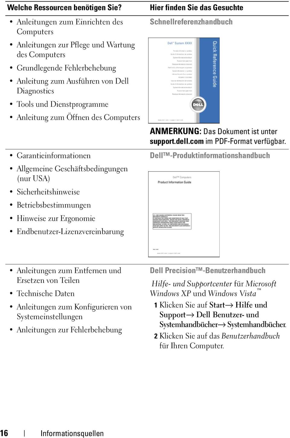 Dell Diagnostics Tools und Dienstprogramme Anleitung zum Öffnen des Computers ANMERKUNG: Das Dokument ist unter support.dell.com im PDF-Format verfügbar.