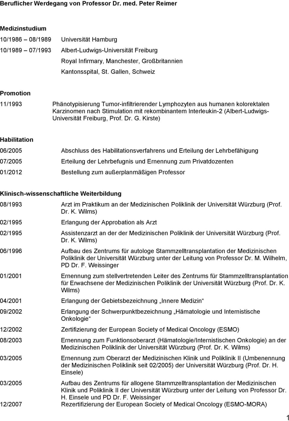 Gallen, Schweiz Promotion 11/1993 Phänotypisierung Tumor-infiltrierender Lymphozyten aus humanen kolorektalen Karzinomen nach Stimulation mit rekombinantem Interleukin-2 (Albert-Ludwigs- Universität