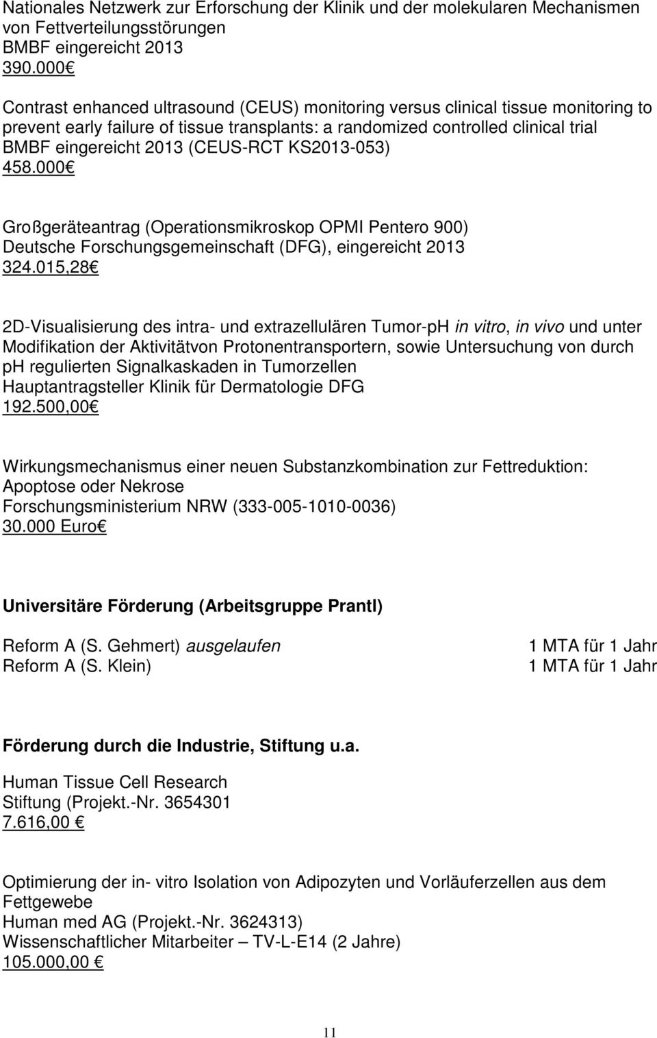 (CEUS-RCT KS2013-053) 458.000 Großgeräteantrag (Operationsmikroskop OPMI Pentero 900) Deutsche Forschungsgemeinschaft (DFG), eingereicht 2013 324.