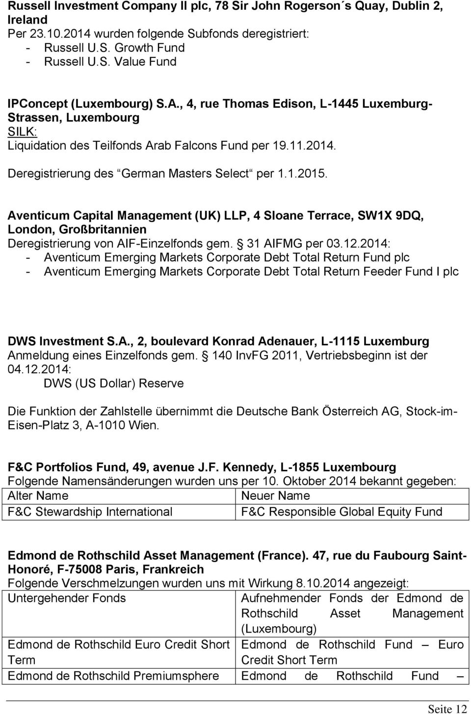 Aventicum Capital Management (UK) LLP, 4 Sloane Terrace, SW1X 9DQ, London, Großbritannien Deregistrierung von AIF-Einzelfonds gem. 31 AIFMG per 03.12.