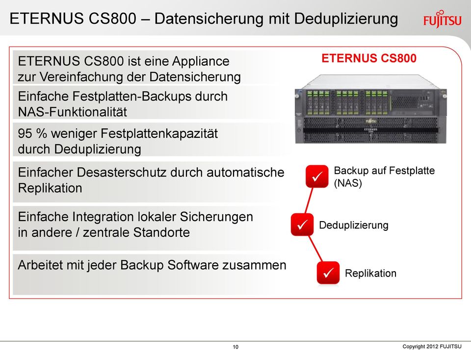 CS800 Einfacher Desasterschutz durch automatische Replikation Backup auf Festplatte (NAS) Einfache Integration