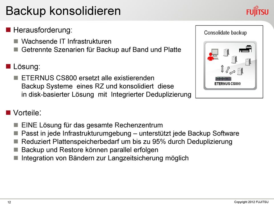 Vorteile: EINE Lösung für das gesamte Rechenzentrum Passt in jede Infrastrukturumgebung unterstützt jede Backup Software Reduziert