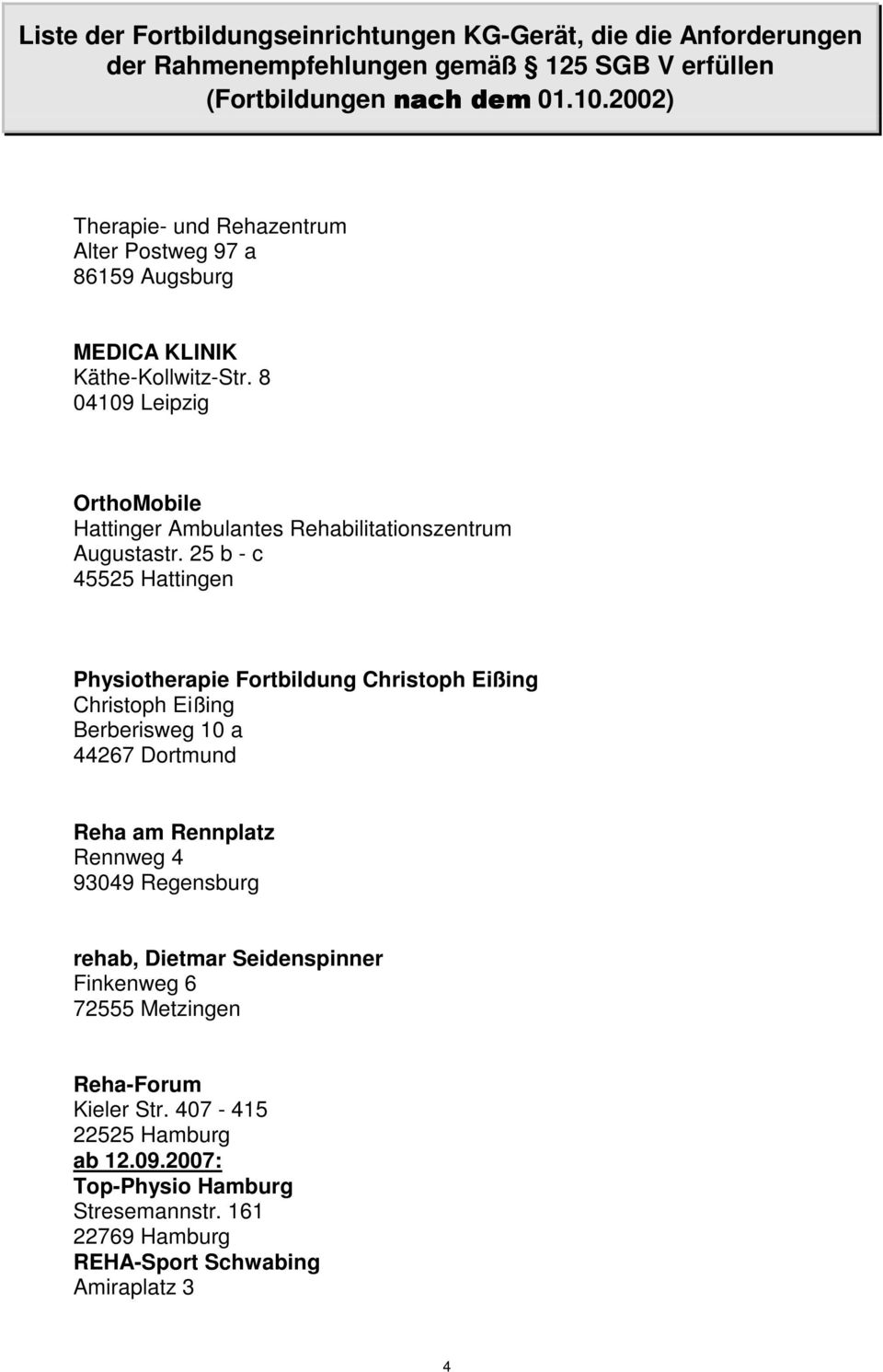 25 b - c 45525 Hattingen Physiotherapie Fortbildung Christoph Eißing Christoph Eißing Berberisweg 10 a 44267 Dortmund Reha am Rennplatz