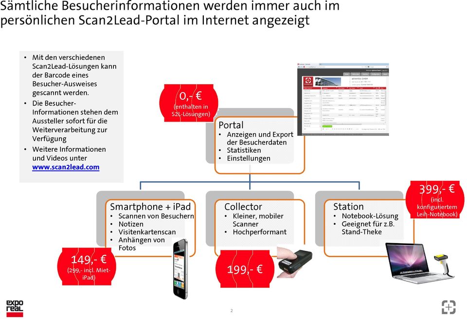 scan2lead.com 0,- (enthalten in S2L-Lösungen) Portal Anzeigen und Export der Besucherdaten Statistiken Einstellungen 149,- (299,- incl.