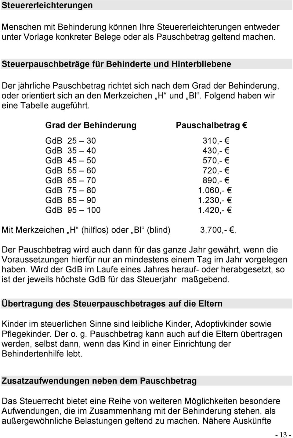 Folgend haben wir eine Tabelle augeführt. Grad der Behinderung Pauschalbetrag GdB 25 30 310,- GdB 35 40 430,- GdB 45 50 570,- GdB 55 60 720,- GdB 65 70 890,- GdB 75 80 1.060,- GdB 85 90 1.