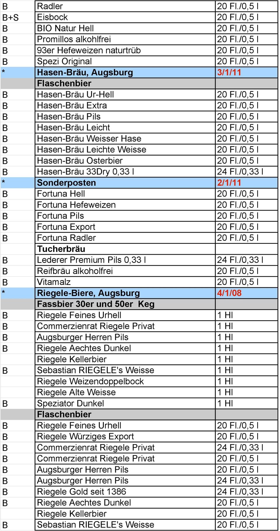 /0,33 l * Sonderposten 2/1/11 B Fortuna Hell B Fortuna Hefeweizen B Fortuna Pils B Fortuna Export B Fortuna Radler Tucherbräu B Lederer Premium Pils 0,33 l 24 Fl.