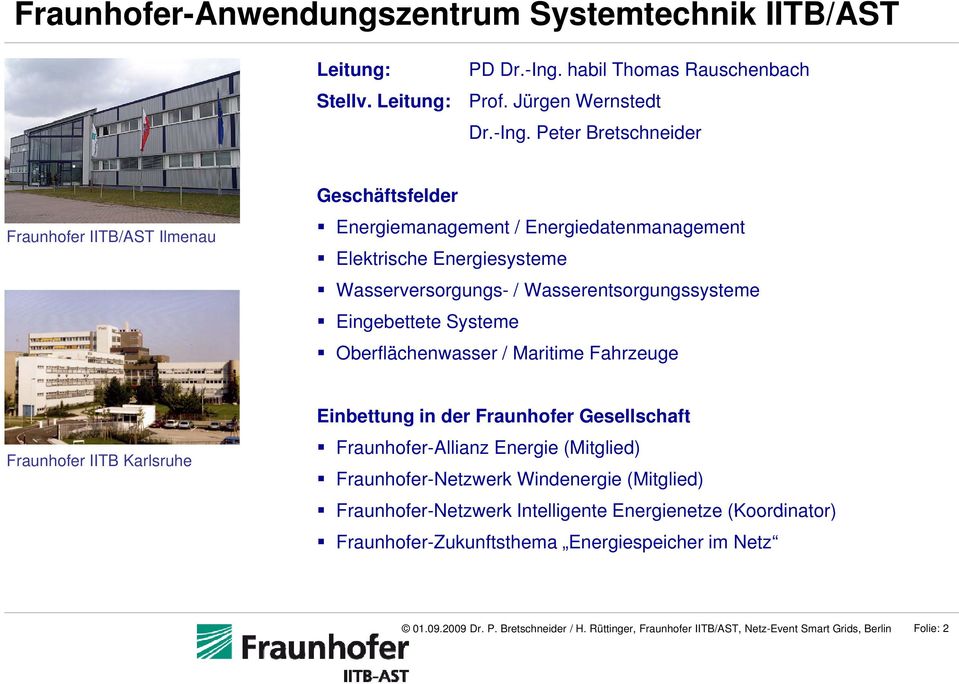 Peter Bretschneider Fraunhofer IITB/AST Ilmenau Geschäftsfelder Energiemanagement / Energiedatenmanagement Elektrische Energiesysteme Wasserversorgungs- /