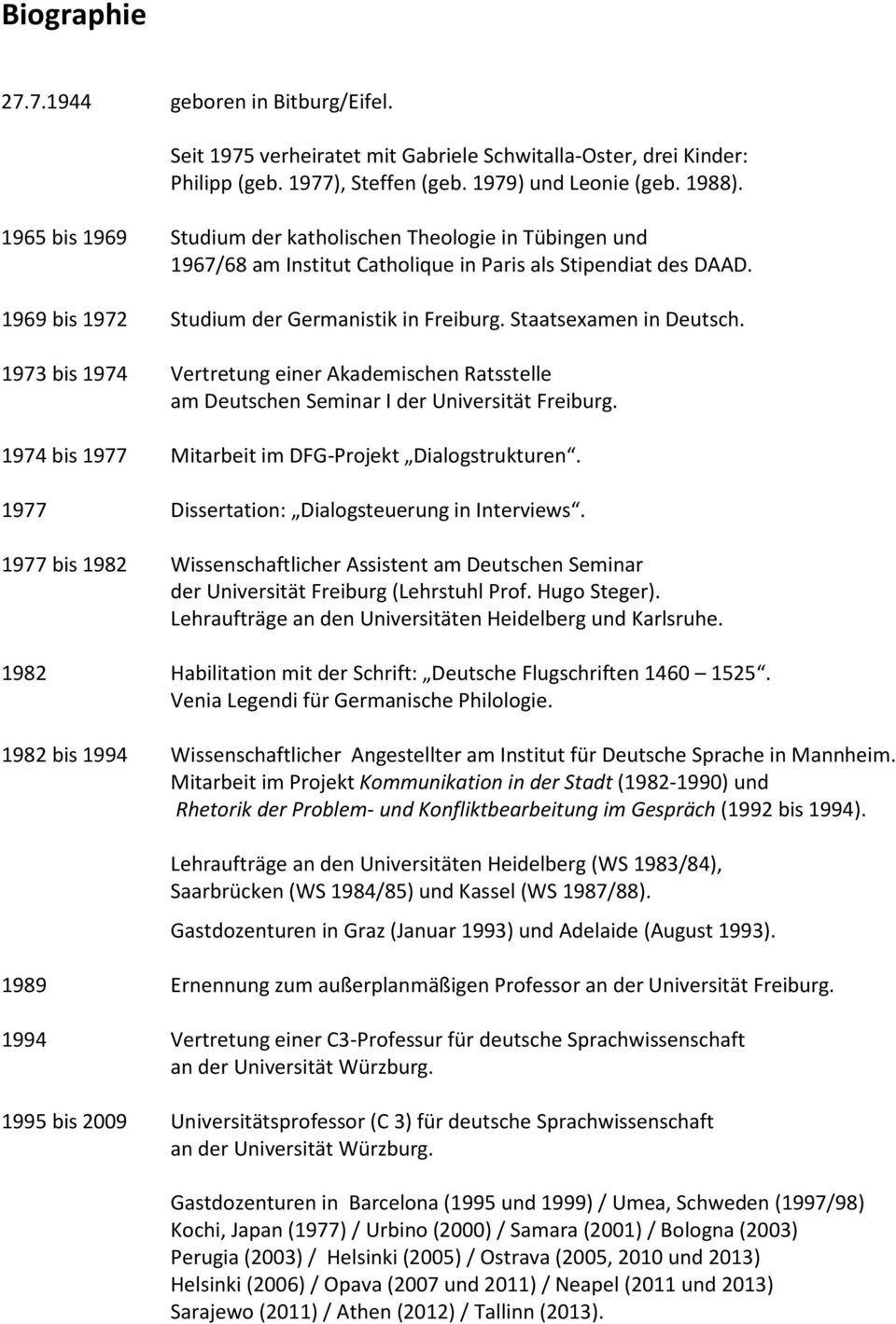 Staatsexamen in Deutsch. 1973 bis 1974 Vertretung einer Akademischen Ratsstelle am Deutschen Seminar I der Universität Freiburg. 1974 bis 1977 Mitarbeit im DFG-Projekt Dialogstrukturen.