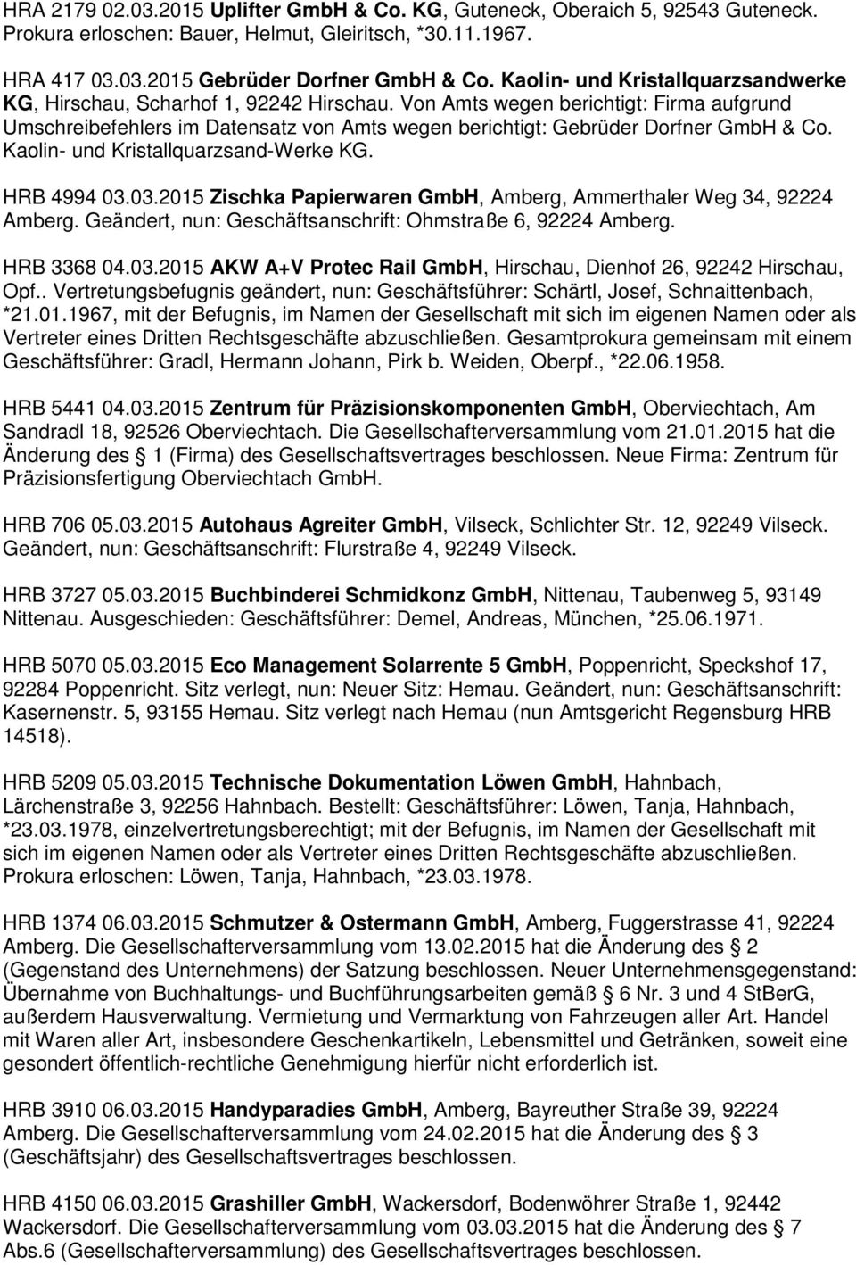 Von Amts wegen berichtigt: Firma aufgrund Umschreibefehlers im Datensatz von Amts wegen berichtigt: Gebrüder Dorfner GmbH & Co. Kaolin- und Kristallquarzsand-Werke KG. HRB 4994 03.