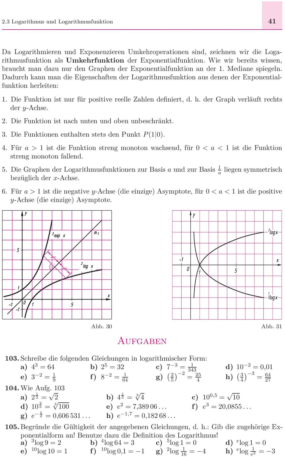 Dadurch kann man die Eigenschaften der Logarithmusfunktion aus denen der Exponentialfunktion herleiten: 1. Die Funktion ist nur für positive reelle Zahlen definiert, d. h. der Graph verläuft rechts der y-achse.