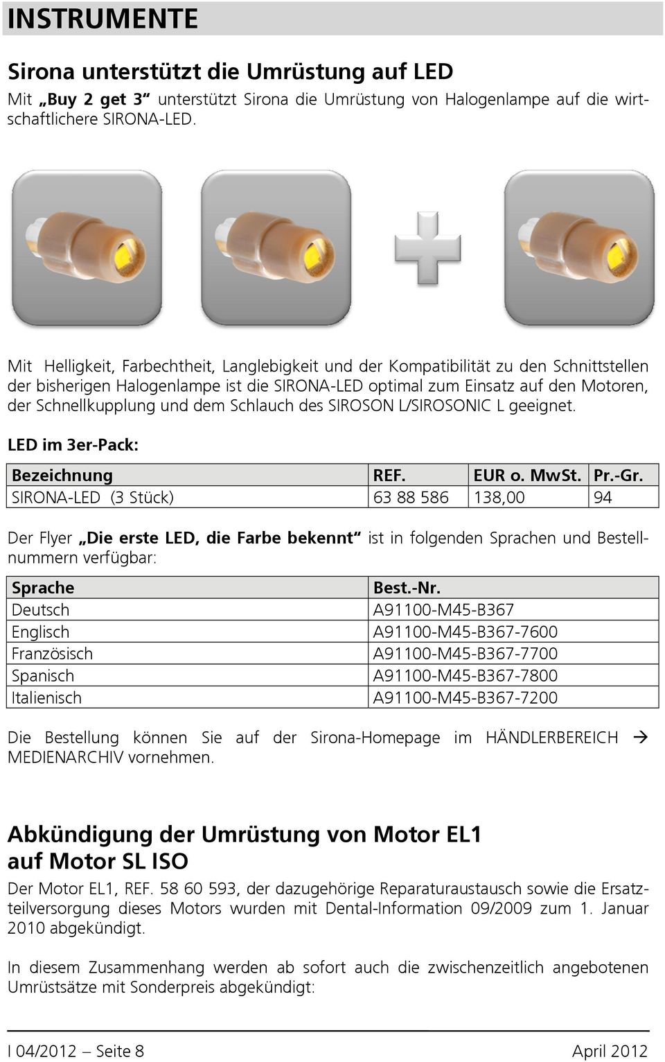dem Schlauch des SIROSON L/SIROSONIC L geeignet. LED im 3er-Pack: Bezeichnung REF. EUR o. MwSt. Pr.-Gr.