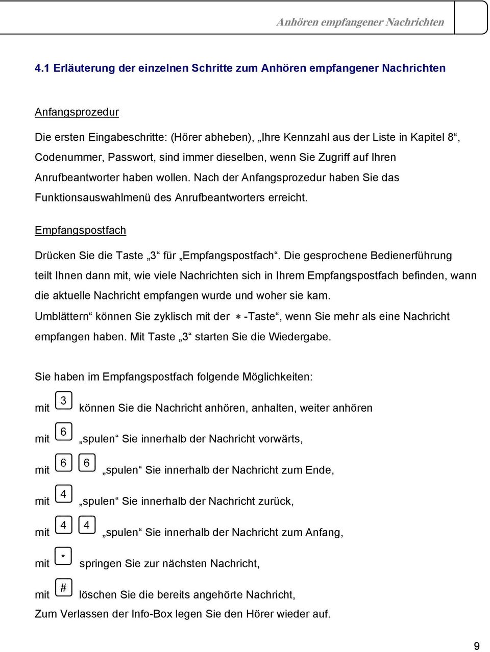 sind immer dieselben, wenn Sie Zugriff auf Ihren Anrufbeantworter haben wollen. Nach der Anfangsprozedur haben Sie das Funktionsauswahlmenü des Anrufbeantworters erreicht.