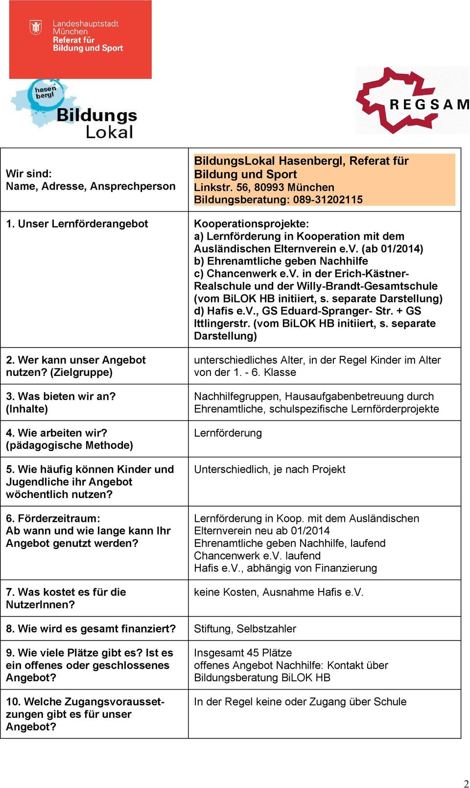 rein e.v. (ab 01/2014) b) Ehrenamtliche geben Nachhilfe c) Chancenwerk e.v. in der Erich-Kästner- Realschule und der Willy-Brandt-Gesamtschule (vom BiLOK HB initiiert, s.