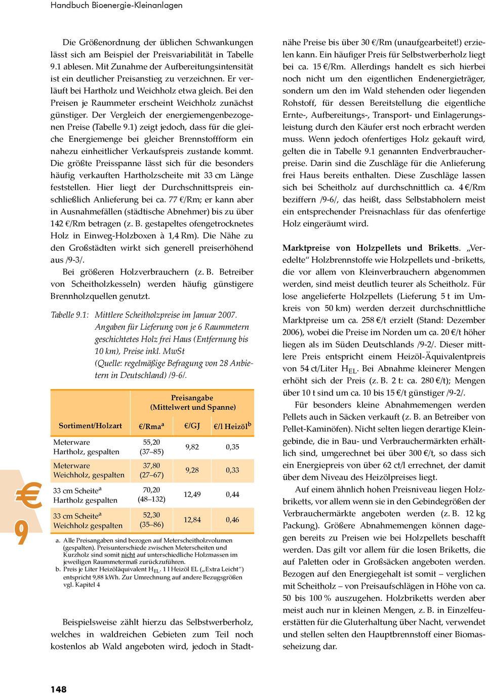 Bei den Preisen je Raummeter erscheint Weichholz zunächst günstiger. Der Vergleich der energiemengenbezogenen Preise (Tabelle 9.