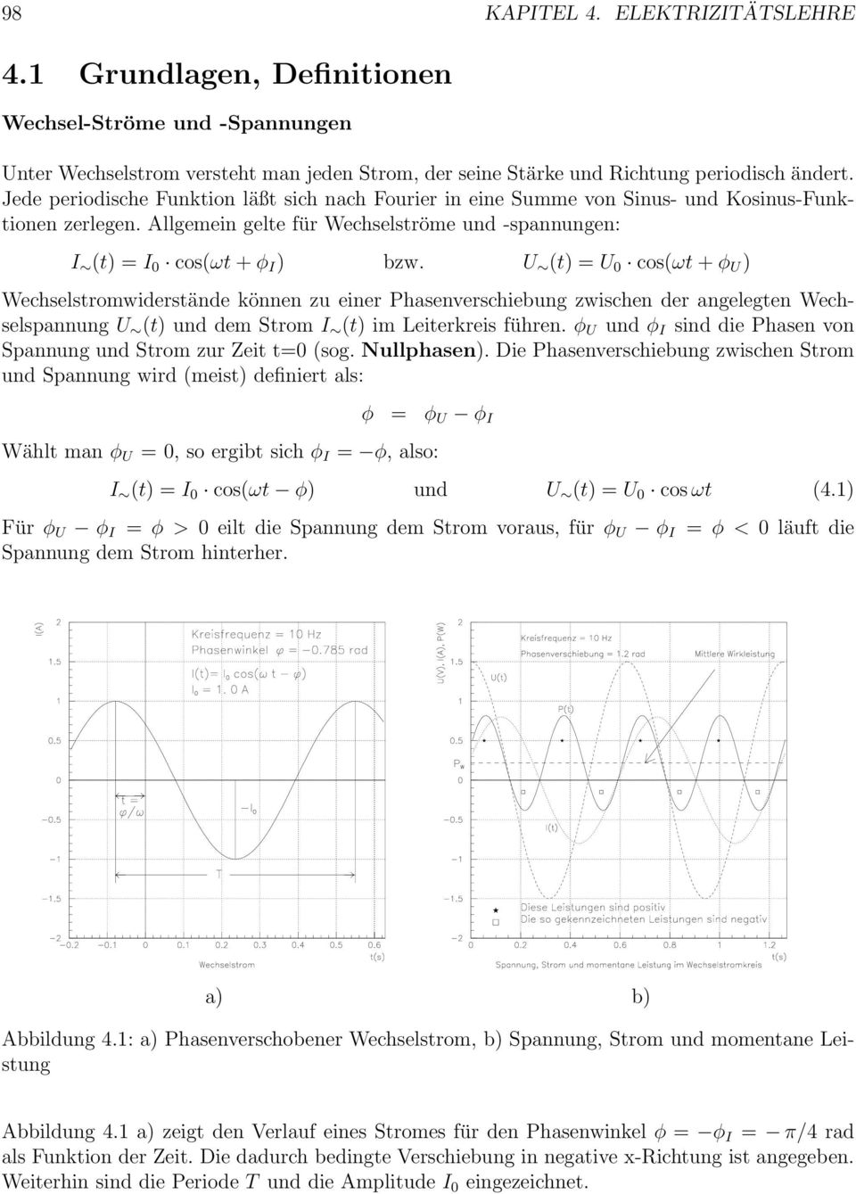 (t) = 0 cos(ωt + φ ) Wechselstromwiderstände können zu einer Phasenverschiebung zwischen der angelegten Wechselspannung (t) und dem Strom (t) im eiterkreis führen.