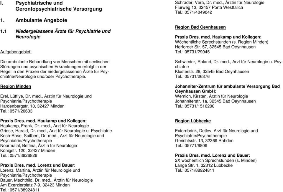 niedergelassenen Ärzte für Psychiatrie/Neurologie und/oder Psychotherapie. Region Minden Erel, Lütfiye, Dr. med., Ärztin für Neurologie und Psychiatrie/Psychotherapie Hardenbergstr.