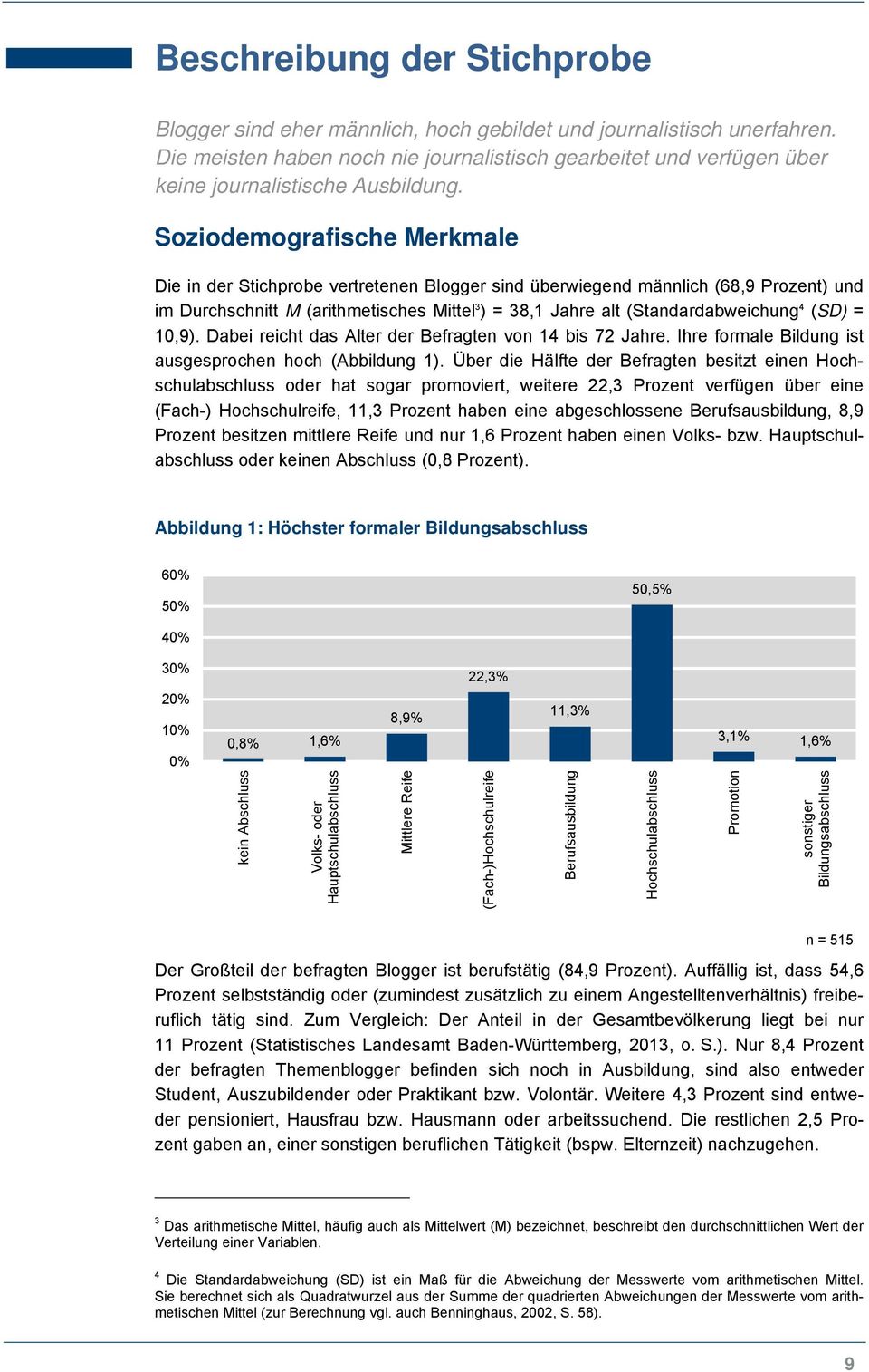 Soziodemografische Merkmale Die in der Stichprobe vertretenen Blogger sind überwiegend männlich (68,9 Prozent) und im Durchschnitt M (arithmetisches Mittel 3 ) = 38,1 Jahre alt (Standardabweichung 4