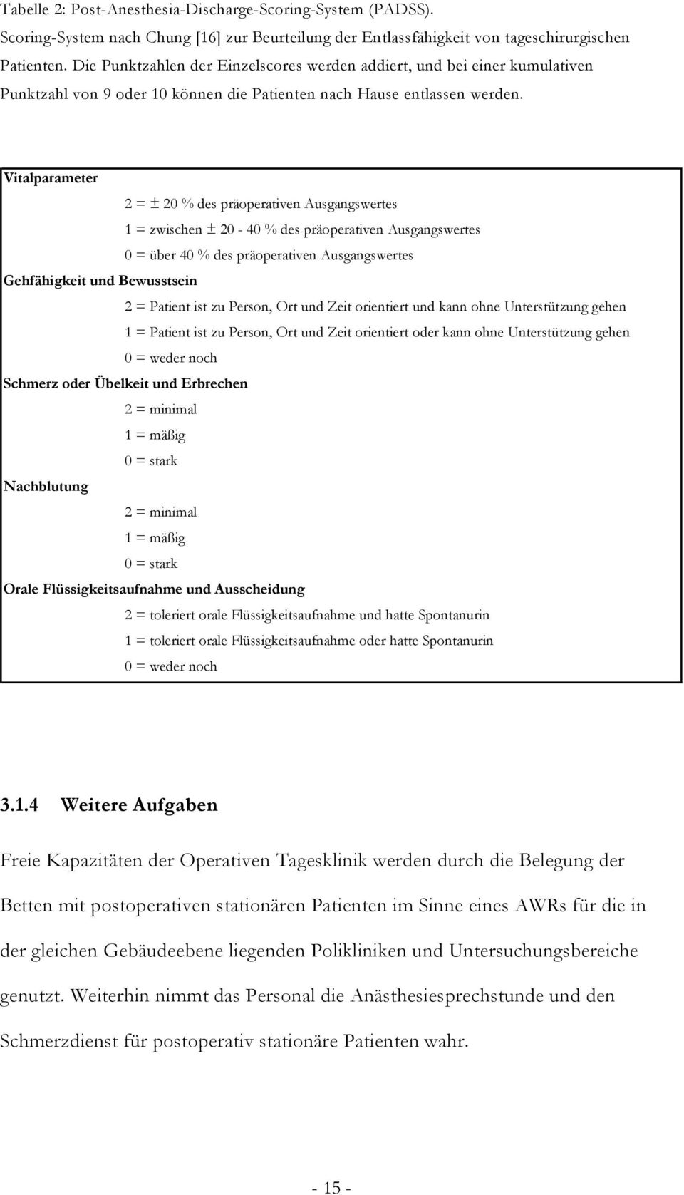 Vitalparameter 2 = ± 20 % des präoperativen Ausgangswertes 1 = zwischen ± 20-40 % des präoperativen Ausgangswertes 0 = über 40 % des präoperativen Ausgangswertes Gehfähigkeit und Bewusstsein 2 =