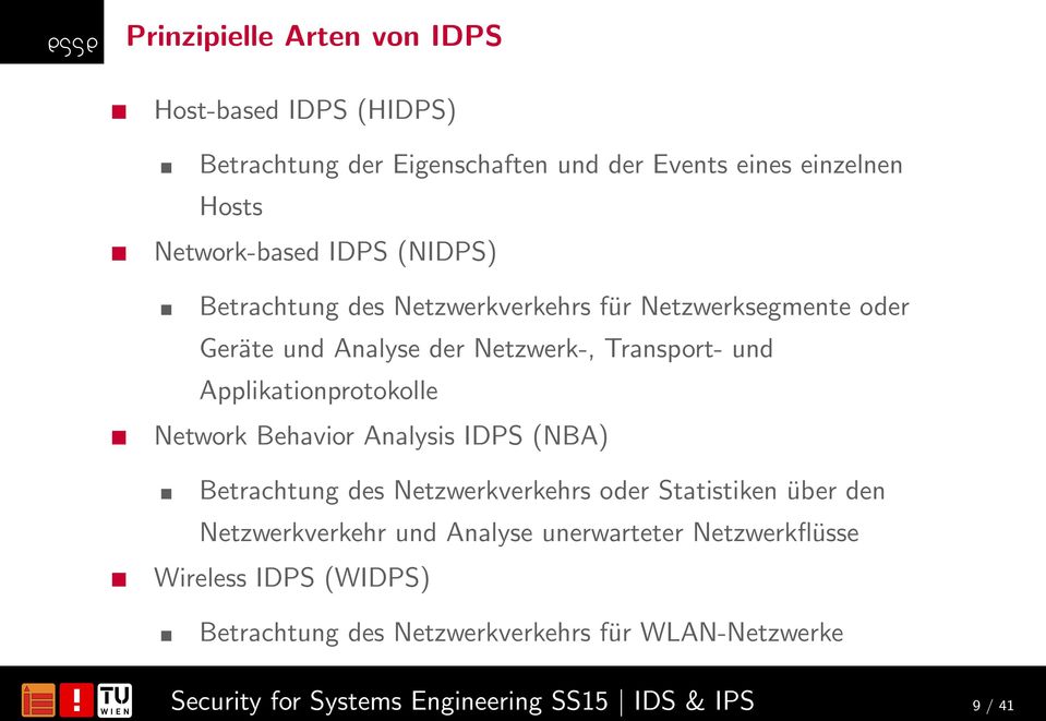 Transport- und Applikationprotokolle Network Behavior Analysis IDPS (NBA) Betrachtung des Netzwerkverkehrs oder Statistiken