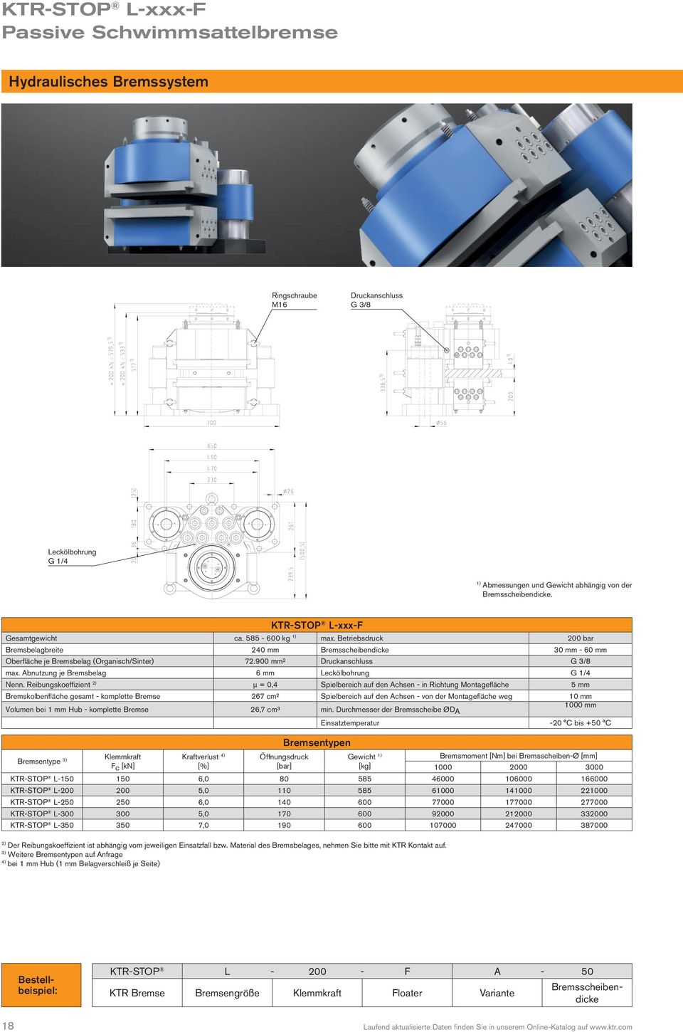 900 mm² Druckanschluss G 3/8 max. Abnutzung je Bremsbelag 6 mm Leckölbohrung G 1/4 Nenn.