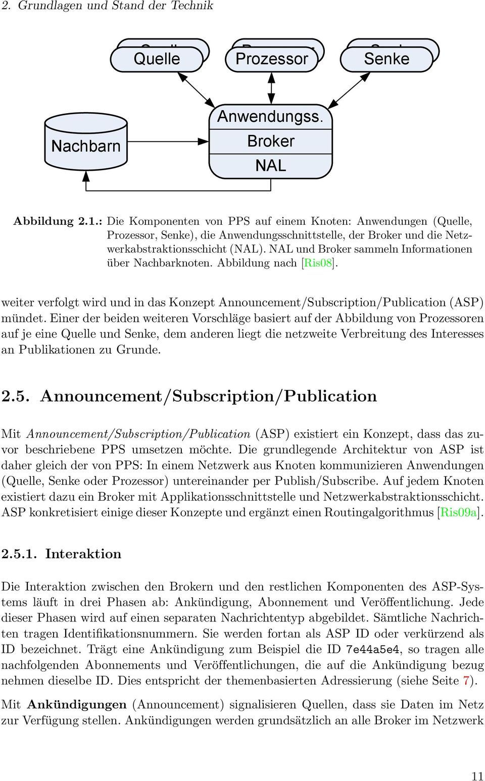 NAL und Broker sammeln Informationen über Nachbarknoten. Abbildung nach [Ris08]. weiter verfolgt wird und in das Konzept Announcement/Subscription/Publication (ASP) mündet.