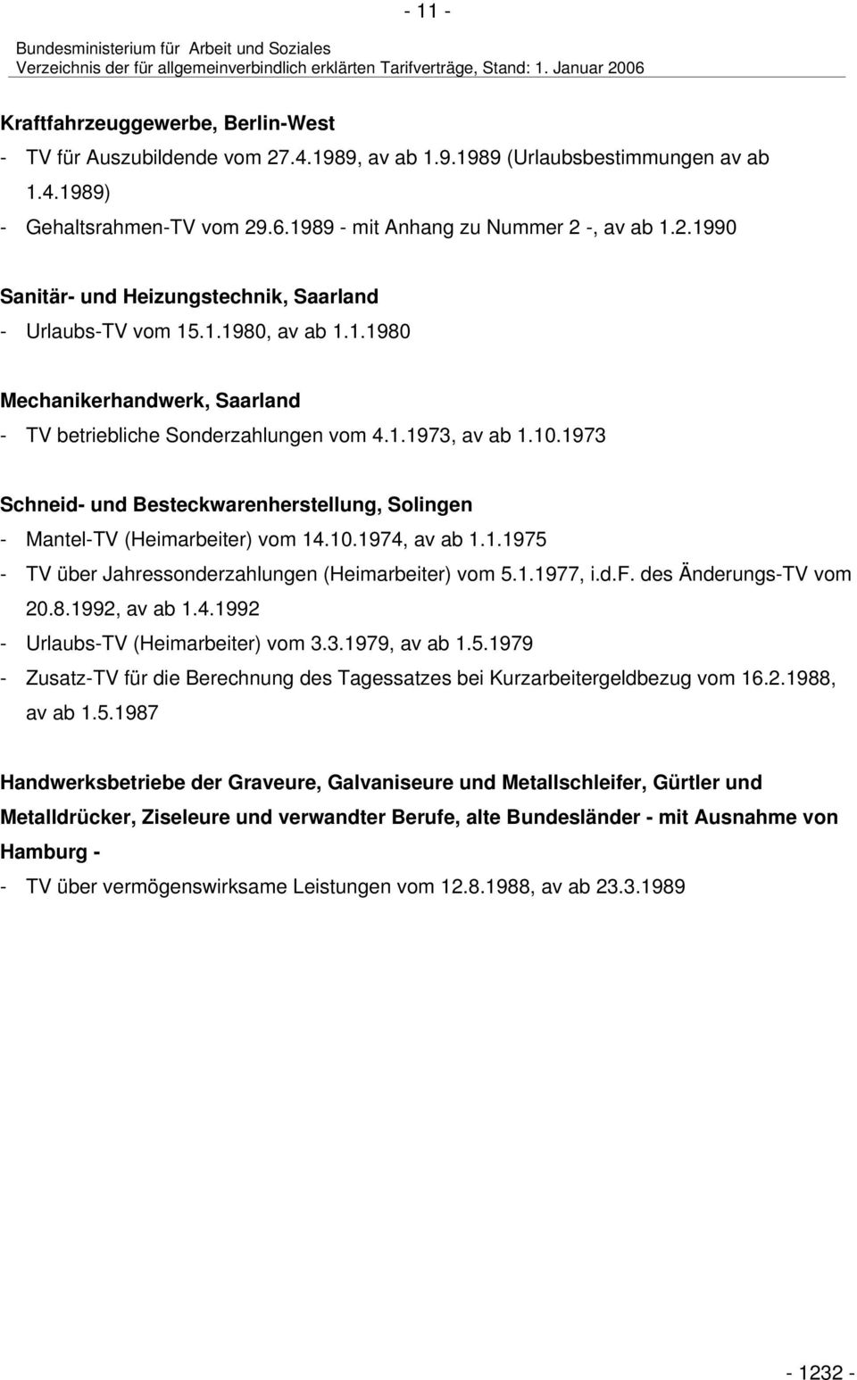 1973 Schneid- und Besteckwarenherstellung, Solingen - Mantel-TV (Heimarbeiter) vom 14.10.1974, av ab 1.1.1975 - TV über Jahressonderzahlungen (Heimarbeiter) vom 5.1.1977, i.d.f.